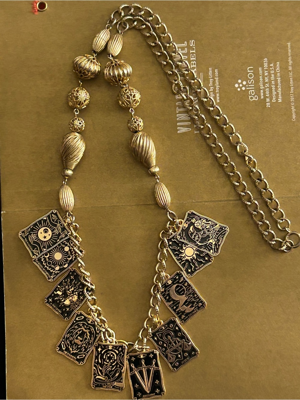 NWOT Charm Necklace Tarot Cards 10 enamel black, on vintage filigree gold chain